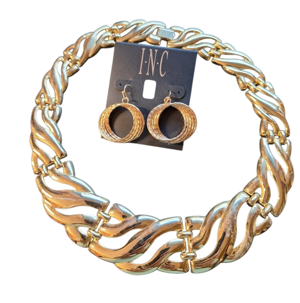 Gold Toned  INC Earrings & Gold Choker Bib Style Neckace bling Edgy Maximalist